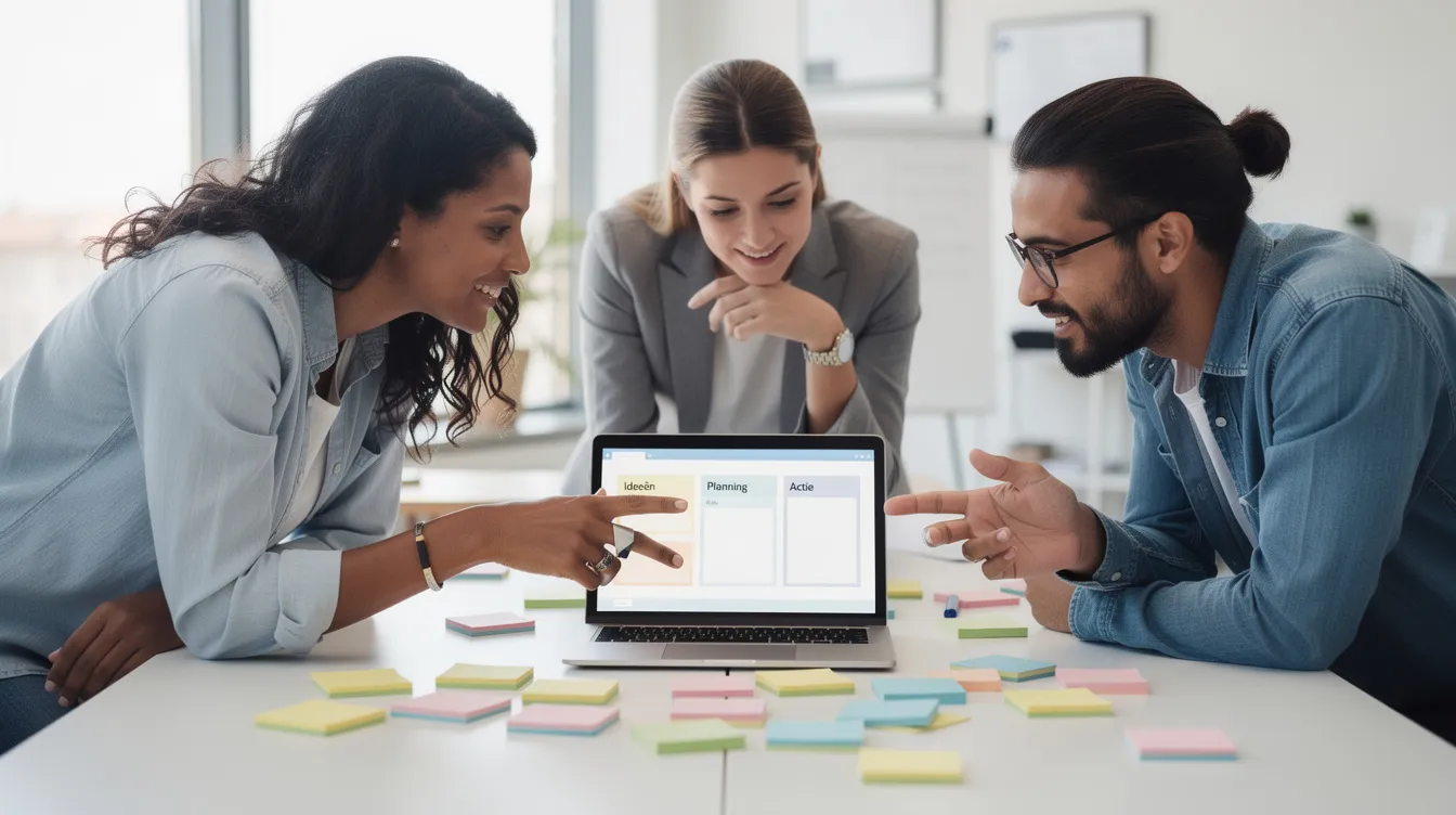 Een klein team van vier mensen werkt samen aan een tafel, omringd door gekleurde sticky notes en een laptop. Ze zijn druk bezig met het definiëren van rollen en verantwoordelijkheden voor hun project, mogelijk met behulp van de RACI-matrix om duidelijk te maken wie verantwoordelijk en accountable is voor elke taak.