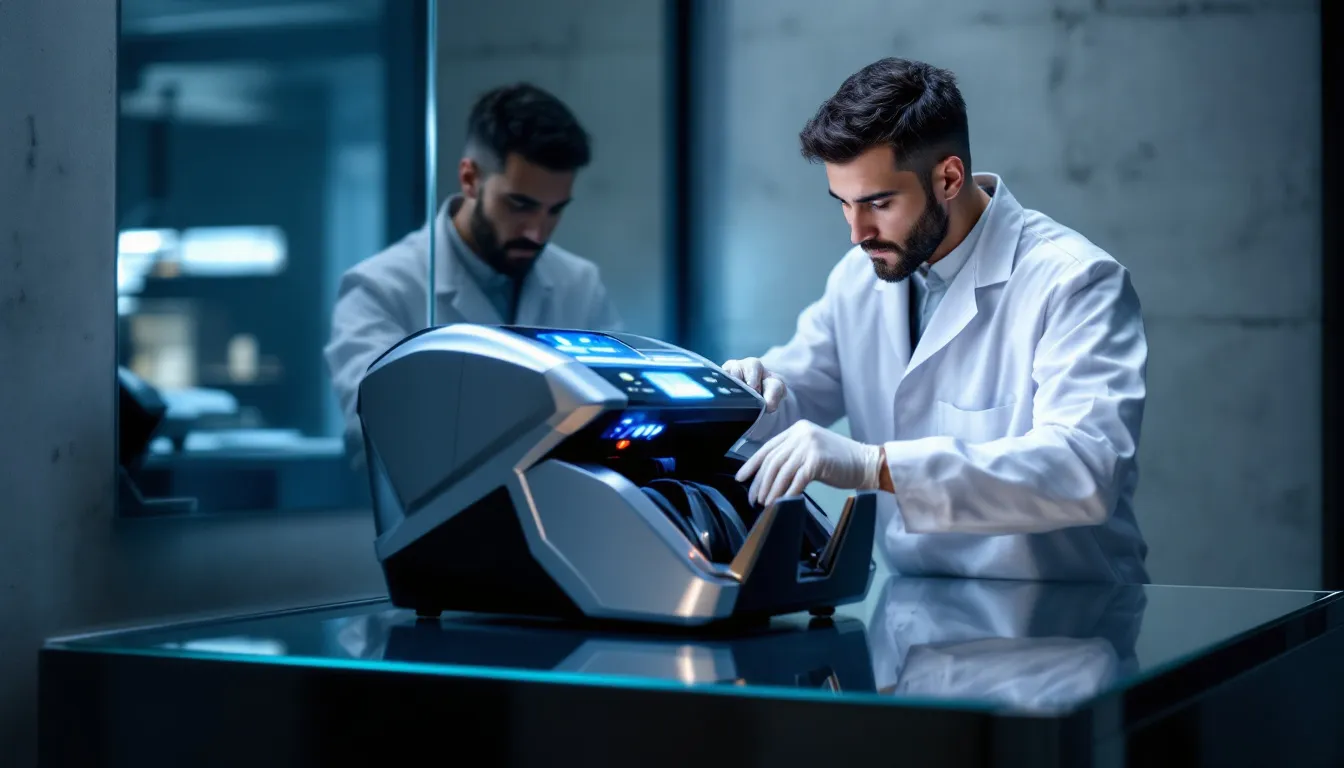 A technician performing maintenance on a money counter machine.