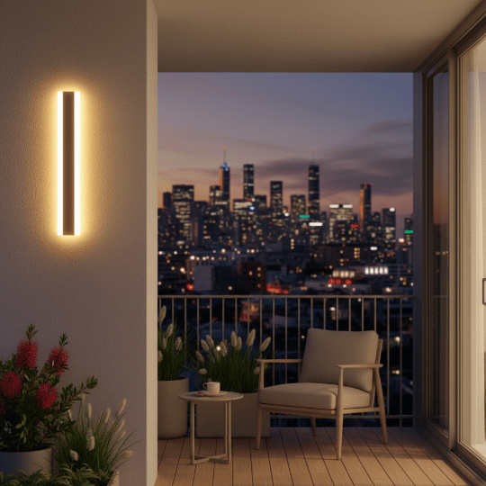 Contemporary balcony lighting ideas with a slim vertical LED wall light fixture mounted beside seating.