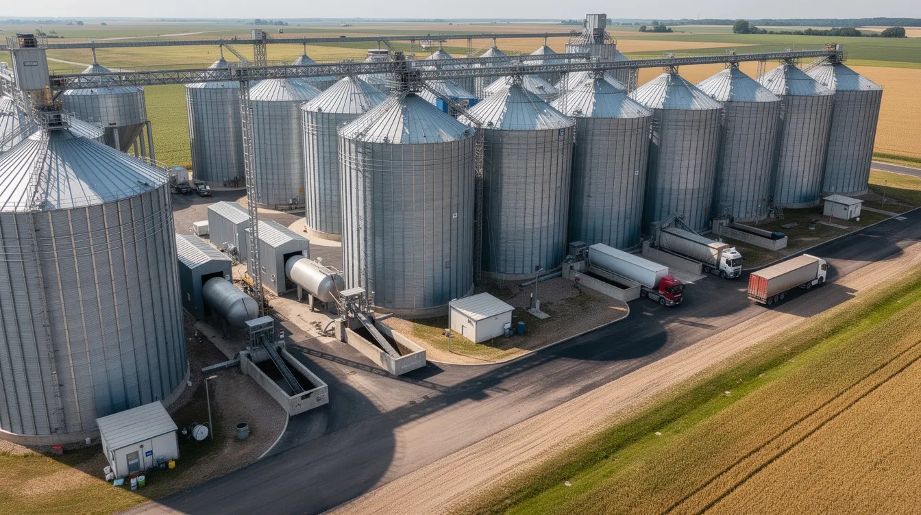 39bc3348 35d0 4e95 951b 238ef7398b65 An aerial view of a grain storage silo complex showcases multiple cylindrical galvanized steel silos, strategically designed for storing bulk quantities of grains like wheat, maize, and rice. The image features internal roads and trucks at unloading bays, highlighting the operational efficiency and proper maintenance essential for preserving grain quality and reducing spoilage.