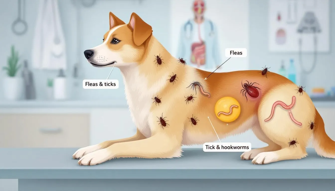 In the image, various common parasites that cause anemia in dogs are depicted, including fleas, ticks, and hookworms, which can lead to conditions like immune mediated hemolytic anemia and blood loss anemia. The illustration emphasizes the impact of these parasites on the dog