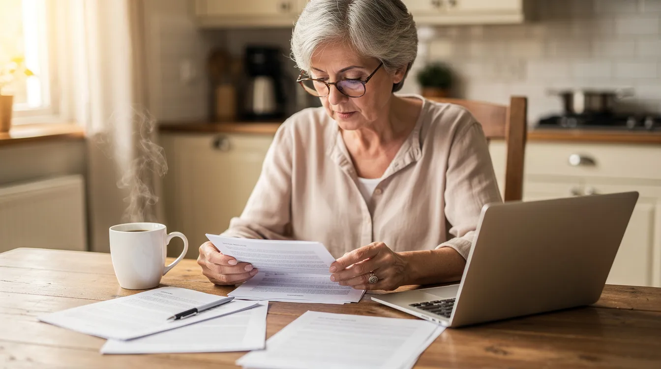 A retired woman sits at a kitchen table, reviewing important documents related to her retirement savings plan, with a laptop and a cup of coffee beside her. She appears focused on understanding her financial options for a secure financial future.
