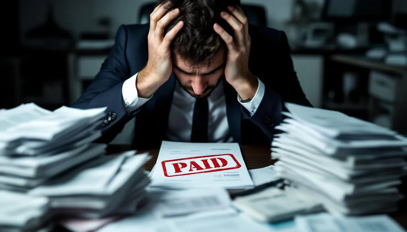 Na obrazku widoczny jest człowiek z rękami na głowie, który wygląda na zmartwionego i zestresowanego. Przed nim leżą rachunki, co sugeruje trudną sytuację finansową i możliwe problemy związane z terminową spłatą zobowiązań.