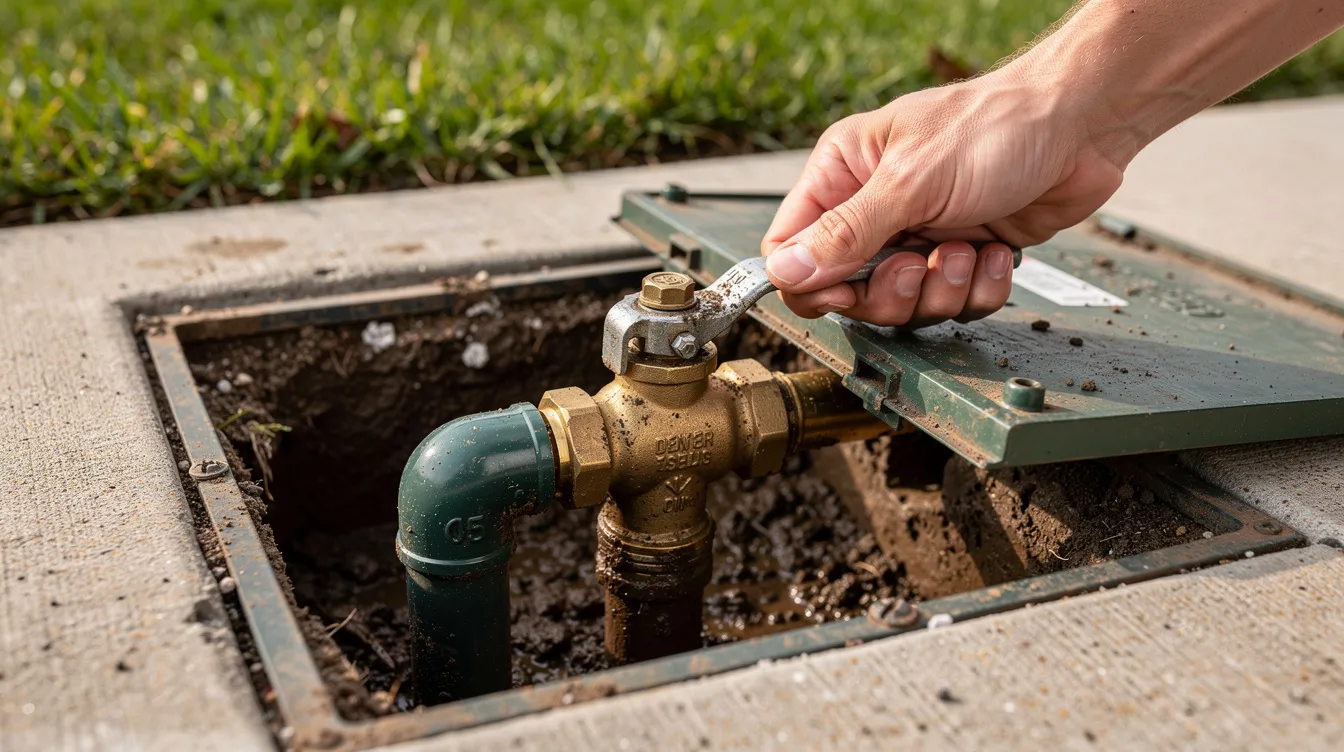 A person's hand is actively turning a brass main water shutoff valve located in a ground-level utility box near a residential sidewalk, indicating a response to a plumbing emergency. This action is crucial for emergency plumbing services to prevent further water damage and address any urgent plumbing issues.