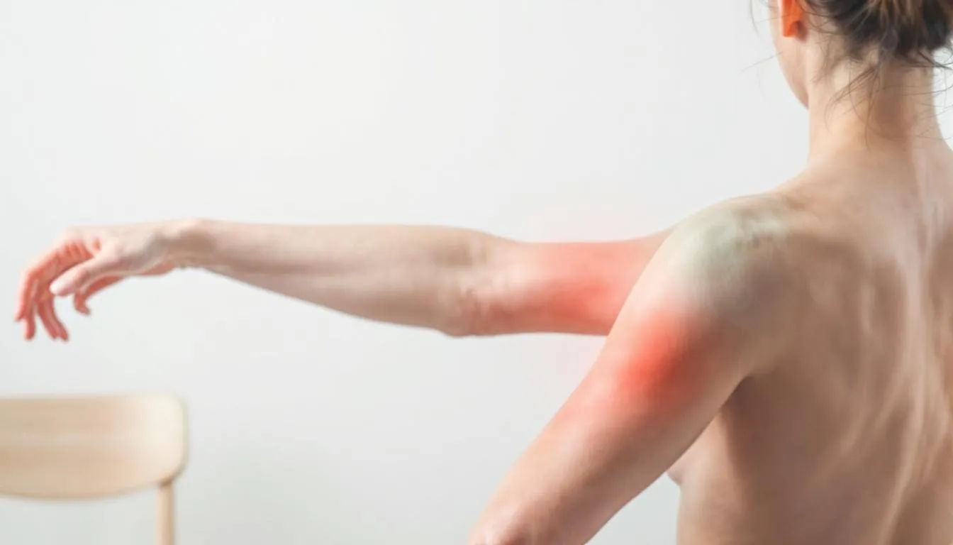 In the image, a person is performing a gentle stretching exercise to maintain shoulder mobility and prevent frozen shoulder recurrence, focusing on their affected arm while ensuring proper posture. The scene emphasizes the importance of regular physical activity and proactive measures to avoid shoulder pain and improve range of motion.