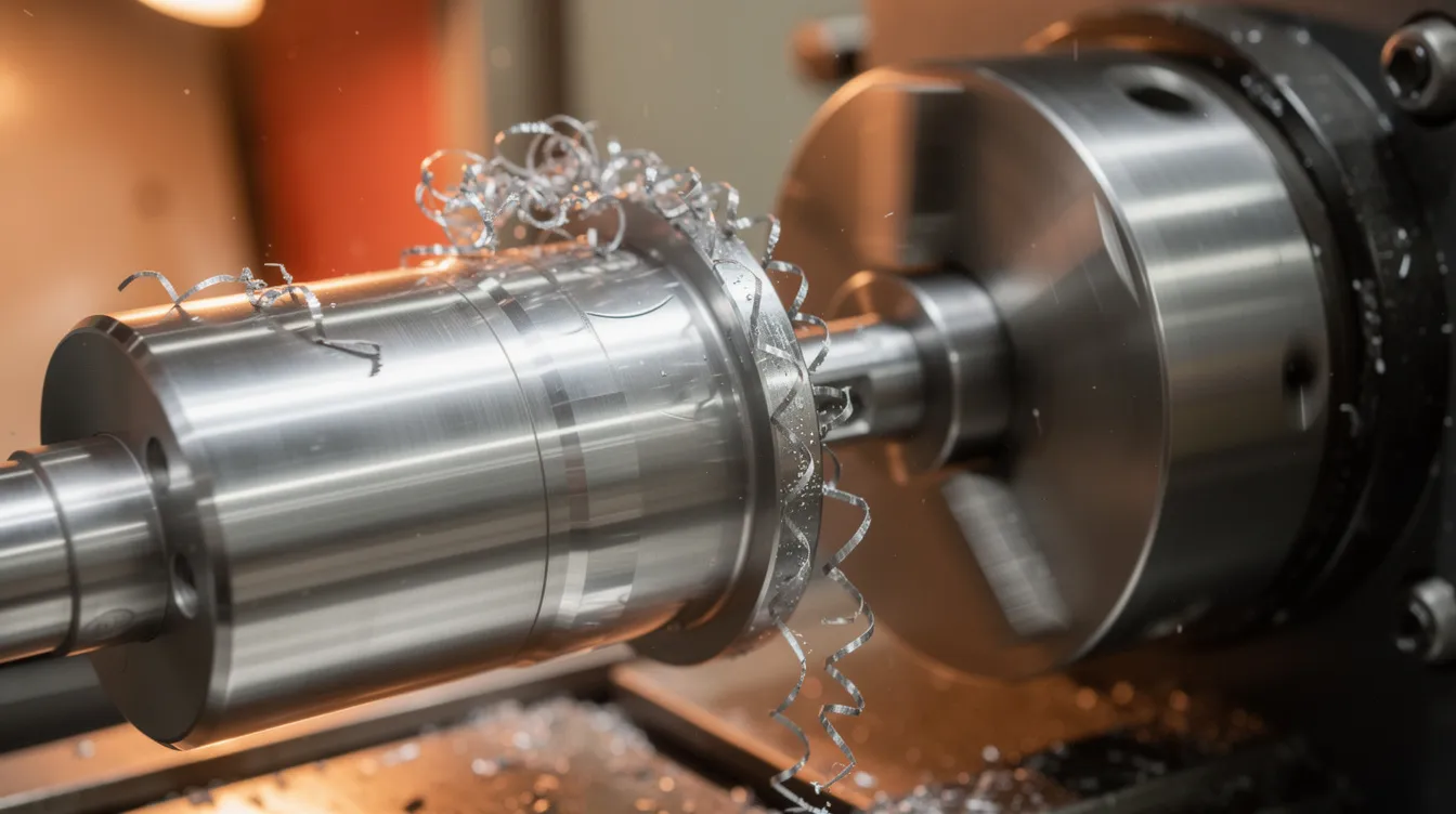 The image shows a CNC lathe in operation, turning a shiny cylindrical stainless steel part while metal chips curl away from the workpiece. This scene highlights the precision and automation of CNC technology in the manufacturing industry.