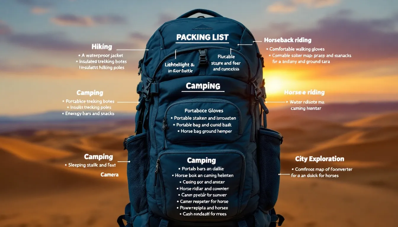 Specialized packing lists for various activities during a Mongolia trip.