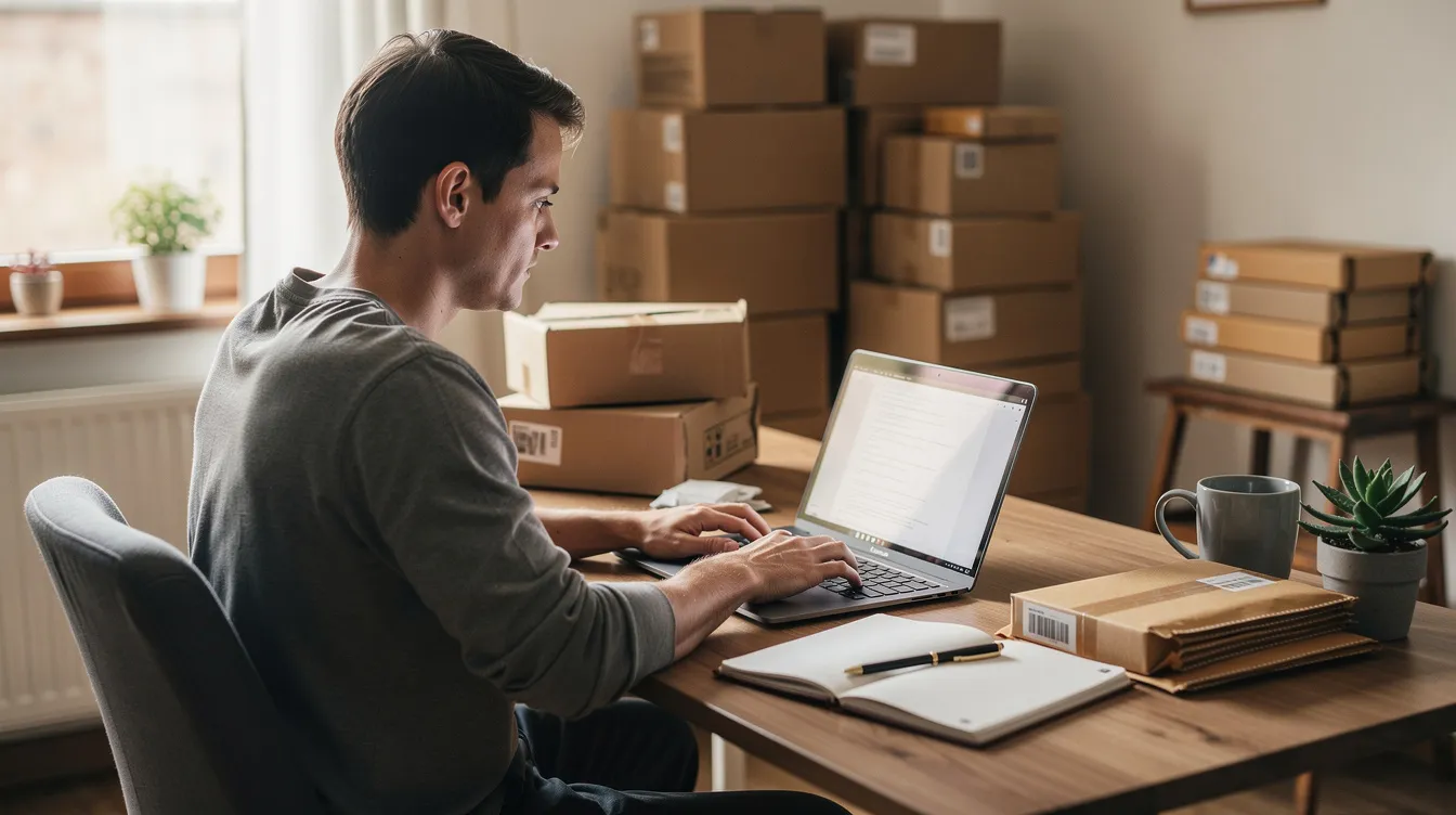 A person is sitting at a home desk, working on a laptop surrounded by shipping boxes and packages, illustrating the setup of a dropshipping business. The scene highlights the fulfillment process and inventory management aspects of running an online store.