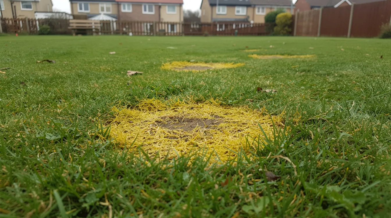 The image shows a well-maintained green lawn in the UK, featuring noticeable yellow patches caused by dog urine, indicative of lawn burn damage. These brown spots highlight the impact of male dogs' urine on grass health, contrasting with the surrounding healthy grass growth.