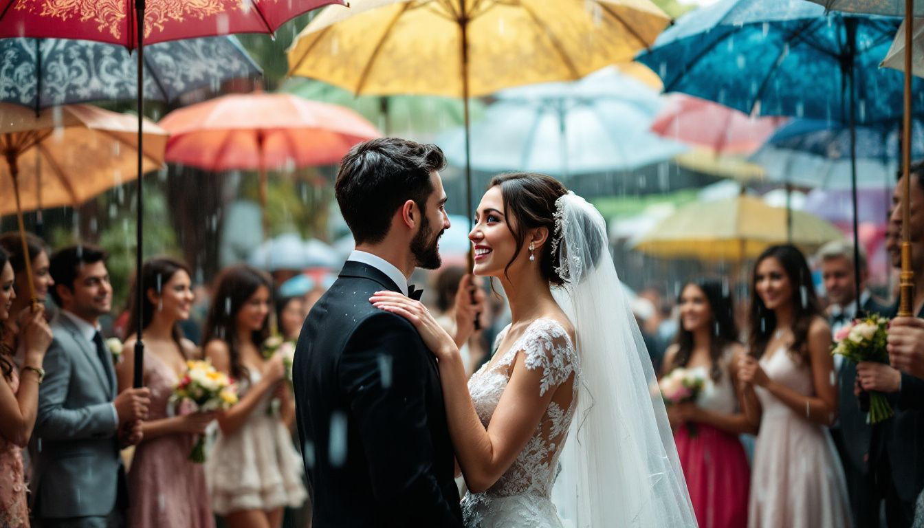 Guests at a wedding ceremony with umbrellas to stay dry.