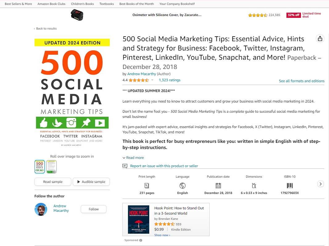 Andrew Macarthy provides a complete guide to success on social media with 500 actionable strategies across platforms like Facebook, TikTok, Instagram, Pinterest, and YouTube. 