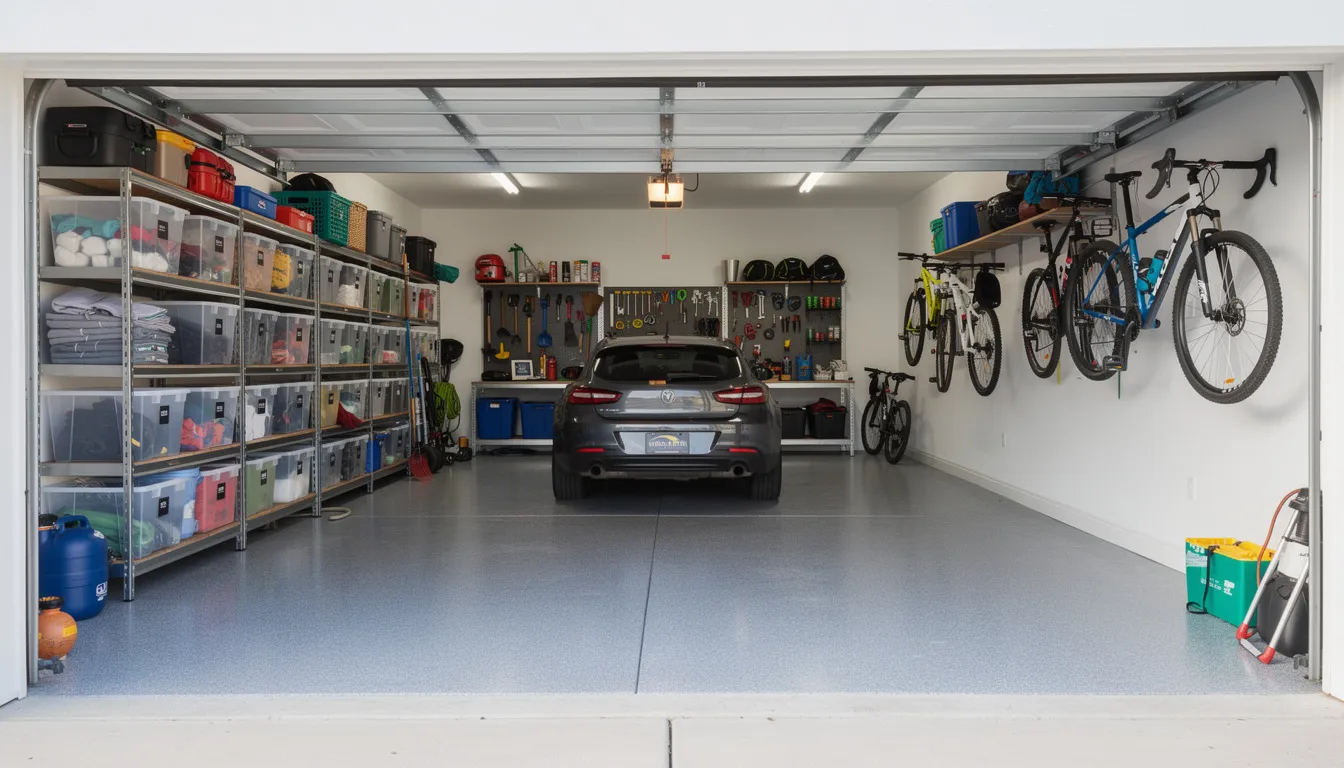 The image depicts a clean and organized garage space after a professional garage cleanout, showcasing neatly arranged tools and equipment, with no clutter or unwanted items in sight. This transformation highlights the effectiveness of garage cleanout services, providing homeowners with a functional and spacious area.