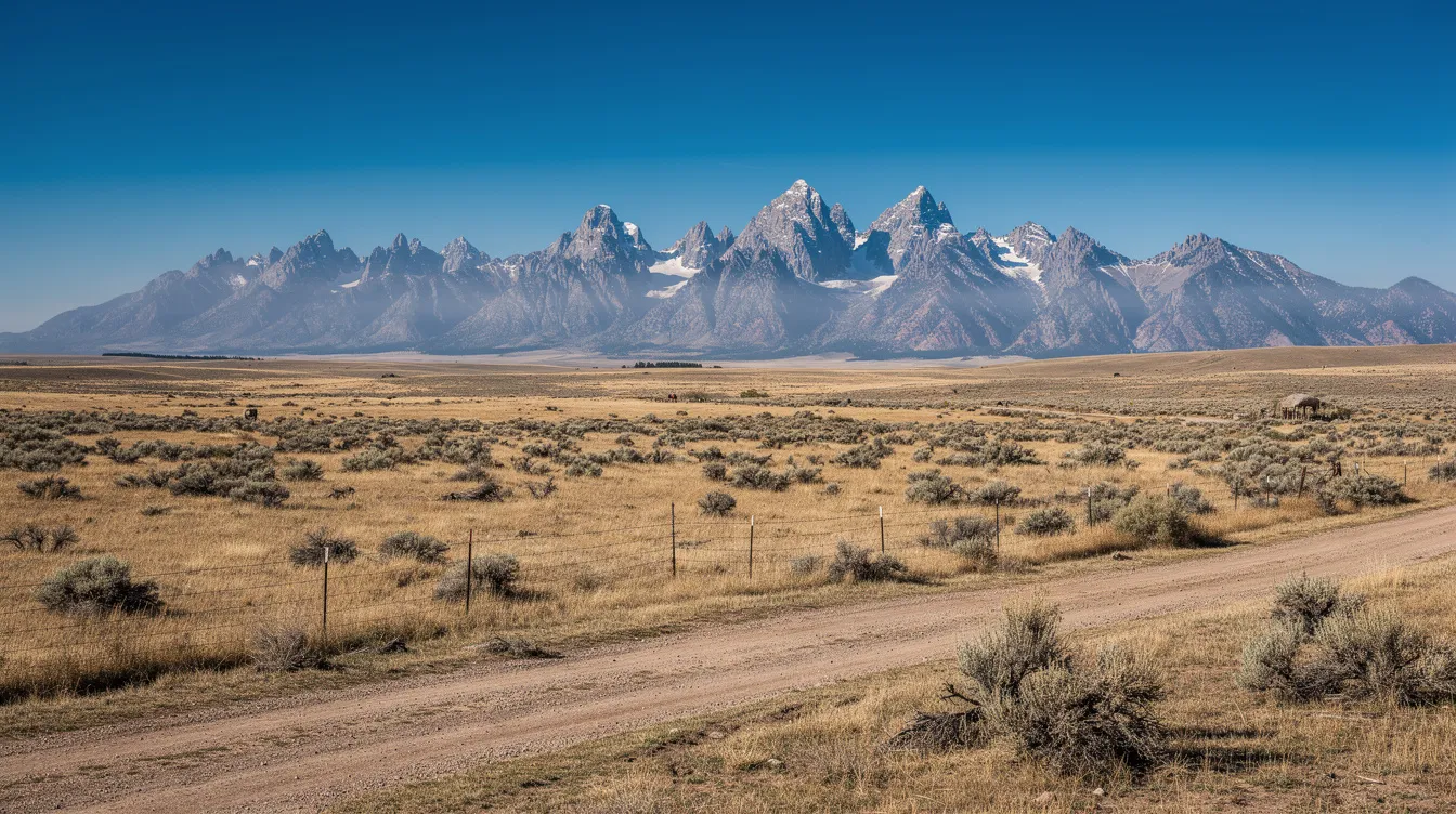 The image depicts the expansive Wyoming landscape featuring majestic mountains and open prairie, all under a clear blue sky. This serene view captures the natural beauty of Wyoming, a state known for its wide-open spaces and stunning vistas.
