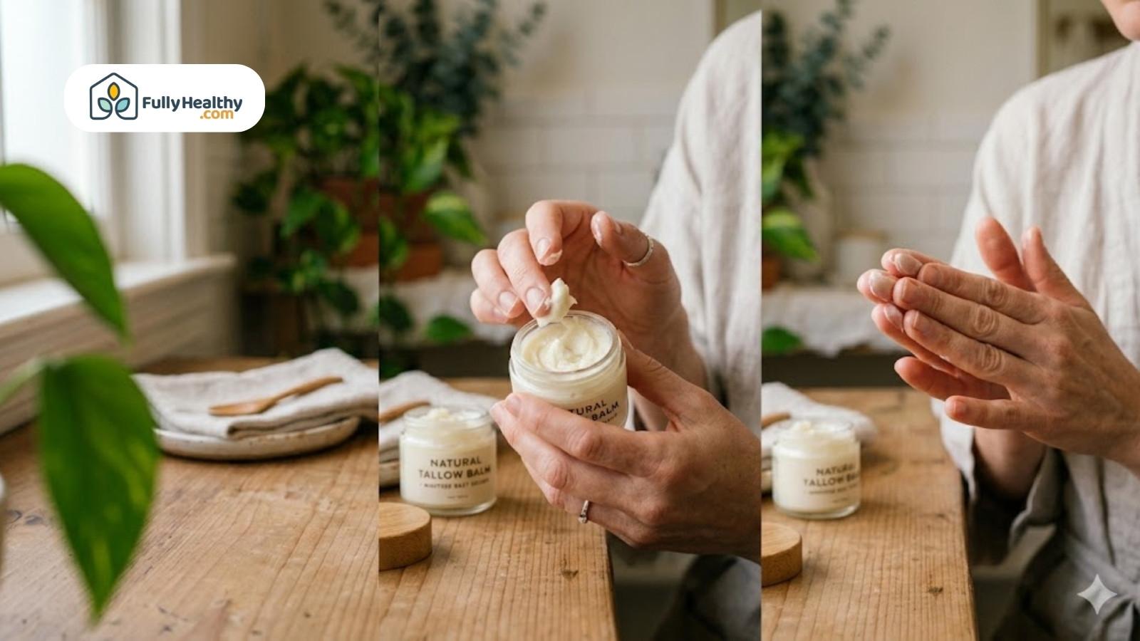 Hands scooping natural tallow balm and rubbing between palms indoors