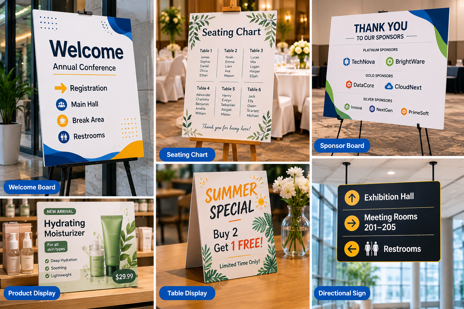 Foam board signs and table displays for event promotions
