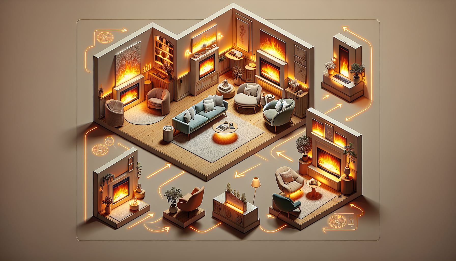 An illustration showing the ideal placement of electric fires in a home setting.