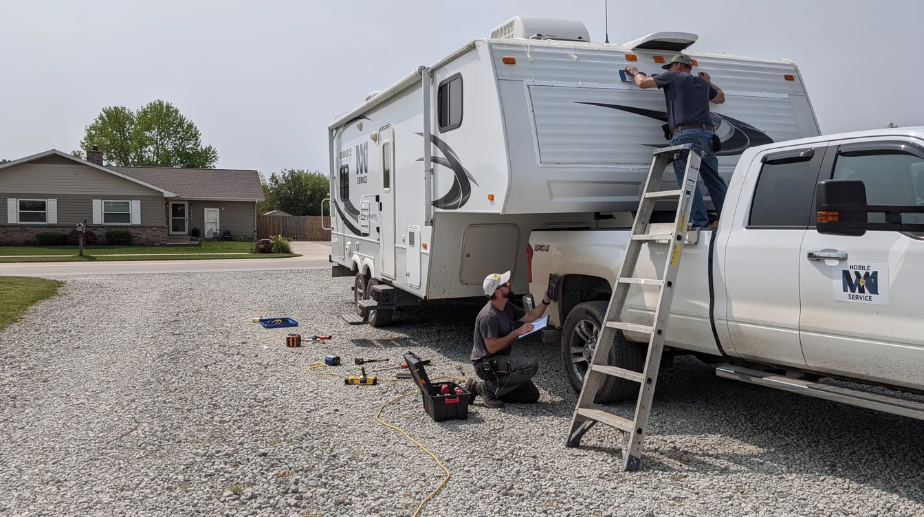 A mobile RV technician is inspecting the roof of a travel trailer parked in a gravel driveway, equipped with tools for RV repairs and maintenance. This professional service ensures that RV owners can address any issues, such as electrical problems or slide outs, to keep their rig in top condition.