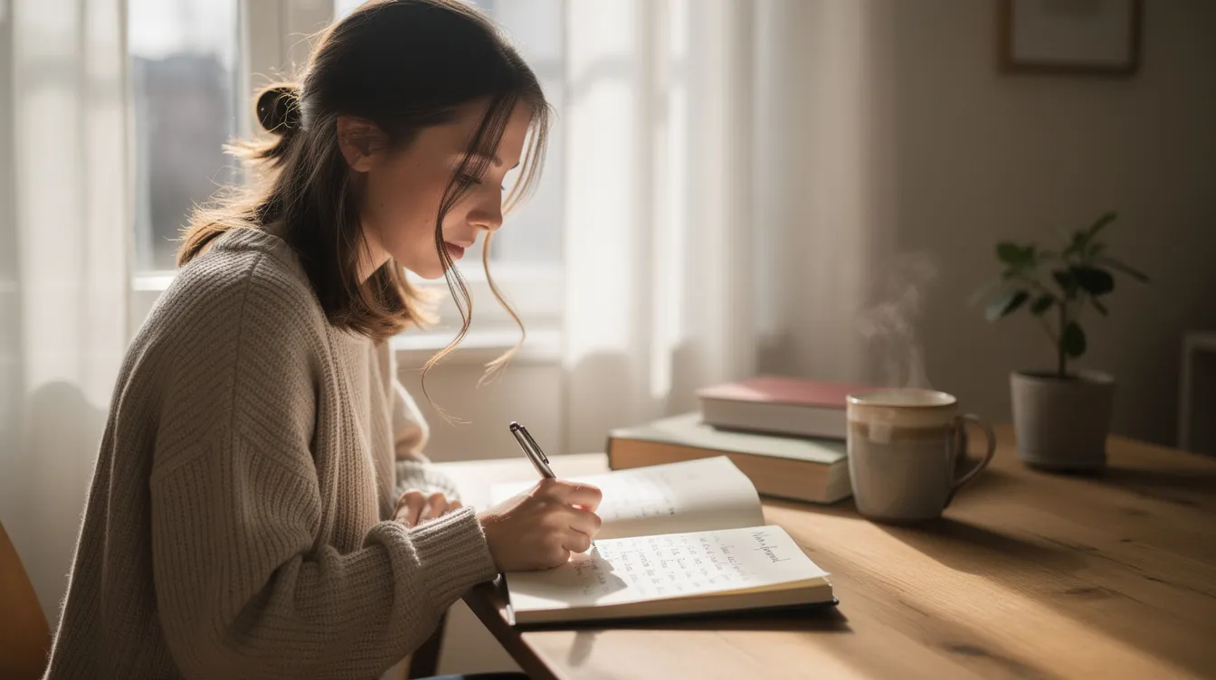 Une femme est assise près d'une fenêtre lumineuse, écrivant dans un journal. Elle semble concentrée, réfléchissant peut-être aux défis liés au syndrome des ovaires polykystiques et à la perte de poids, tout en notant des solutions pour améliorer sa santé et son bien-être.