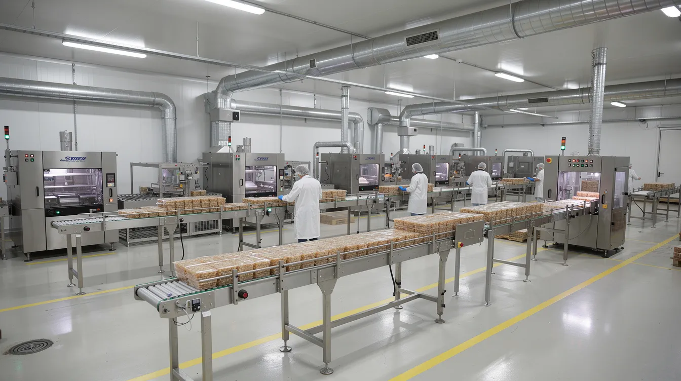 The image depicts the interior of a mid-sized food processing factory, showcasing metal equipment and conveyor belts used in the manufacturing process. This facility is likely involved in the production of traditional Indian food products, such as sattu, highlighting the importance of raw materials and efficient production capacity in the food processing industries.