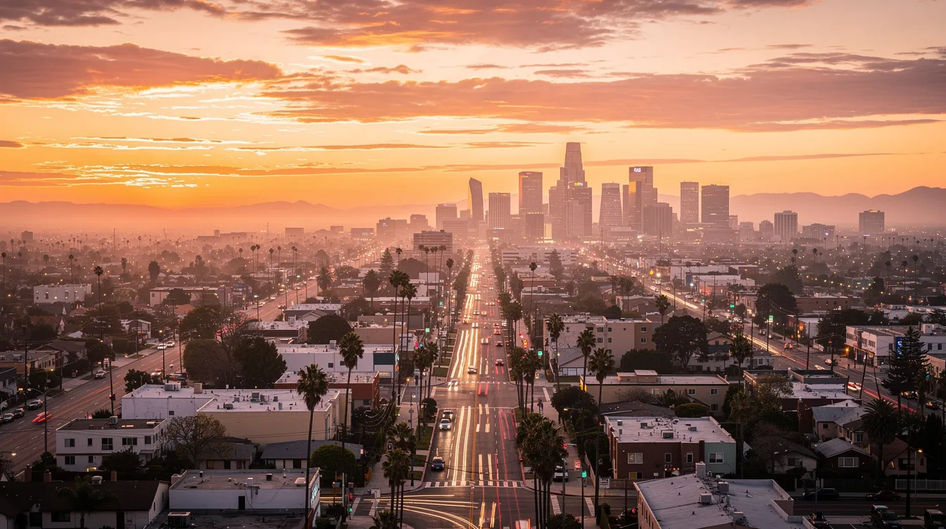 An aerial view of Los Angeles at sunset showcases the vibrant cityscape illuminated by city lights, with palm trees lining the streets, creating a picturesque backdrop for the dating scene. This serene evening atmosphere invites singles to explore social activities and events, making it an ideal setting for finding love or spending time with friends.