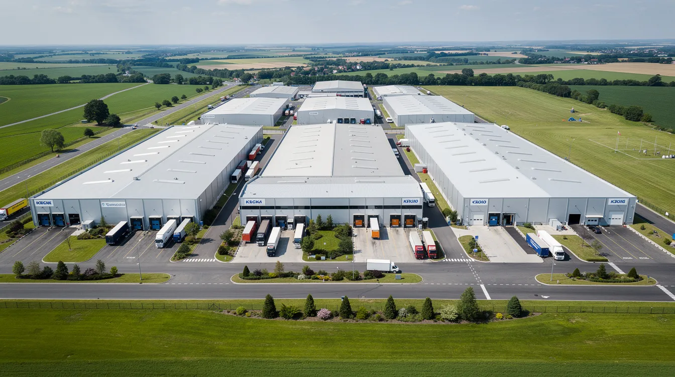 An aerial view of a large industrial food processing complex features multiple steel buildings, internal roads, and truck loading bays, all surrounded by a green belt. This rice mill plant layout is designed for efficient processing of raw paddy into high-quality rice products, including brown rice and polished rice, while optimizing workflow and transportation costs.