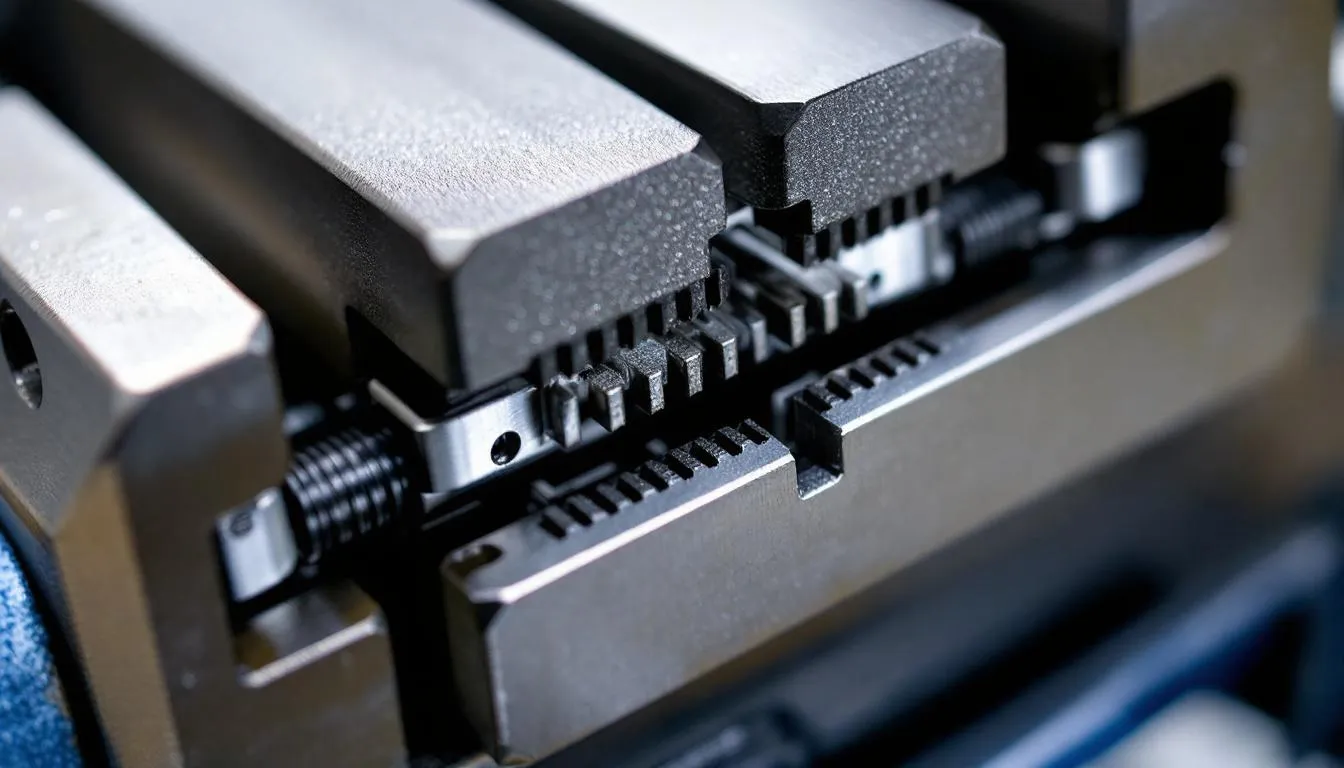 A close-up view of an air vise featuring a self-centering jaw mechanism with serrated surfaces, showcasing the precise jaw width and jaw opening designed for optimal clamping force during operation. The image highlights the actual product appearance, emphasizing its functionality in various machines and accessories.