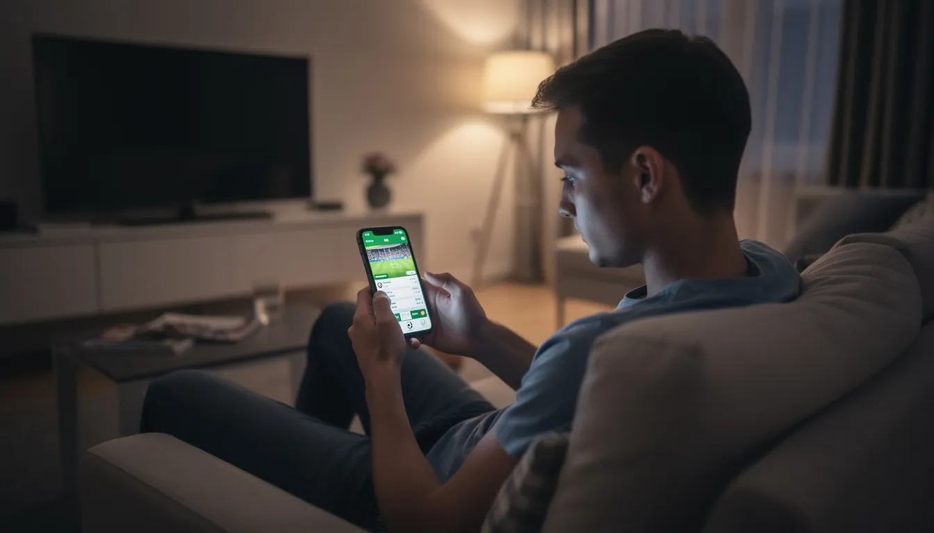 Uma pessoa está sentada num sofá, a utilizar um smartphone para fazer apostas desportivas online, enquanto explora diferentes mercados e opções disponíveis nas casas de apostas. O ambiente é descontraído, refletindo a experiência de jogo em casa, sem necessidade de verificação de identidade.