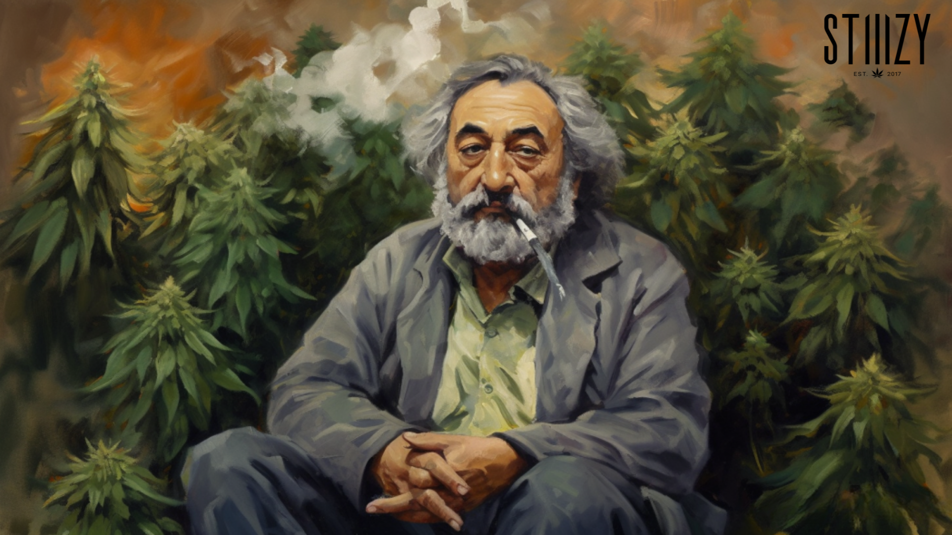 oil painting of legendary cannabis activist jack herer with marijuana