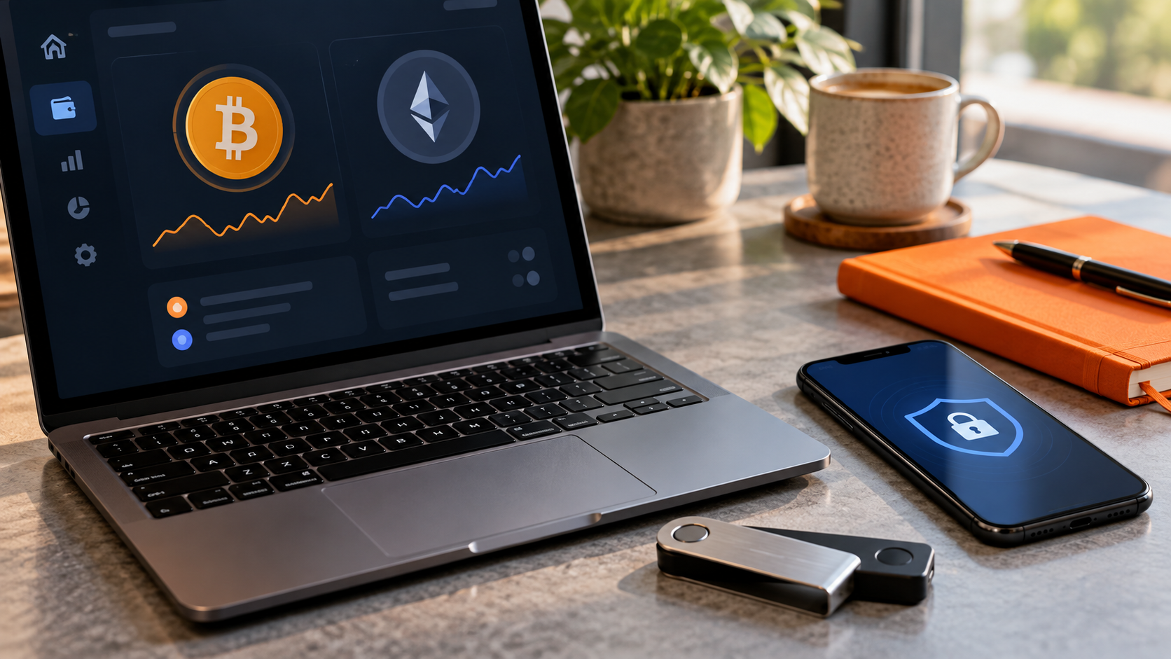 Laptop met symbolen voor Bitcoin en Ethereum, naast een telefoon en een hardwarewallet.