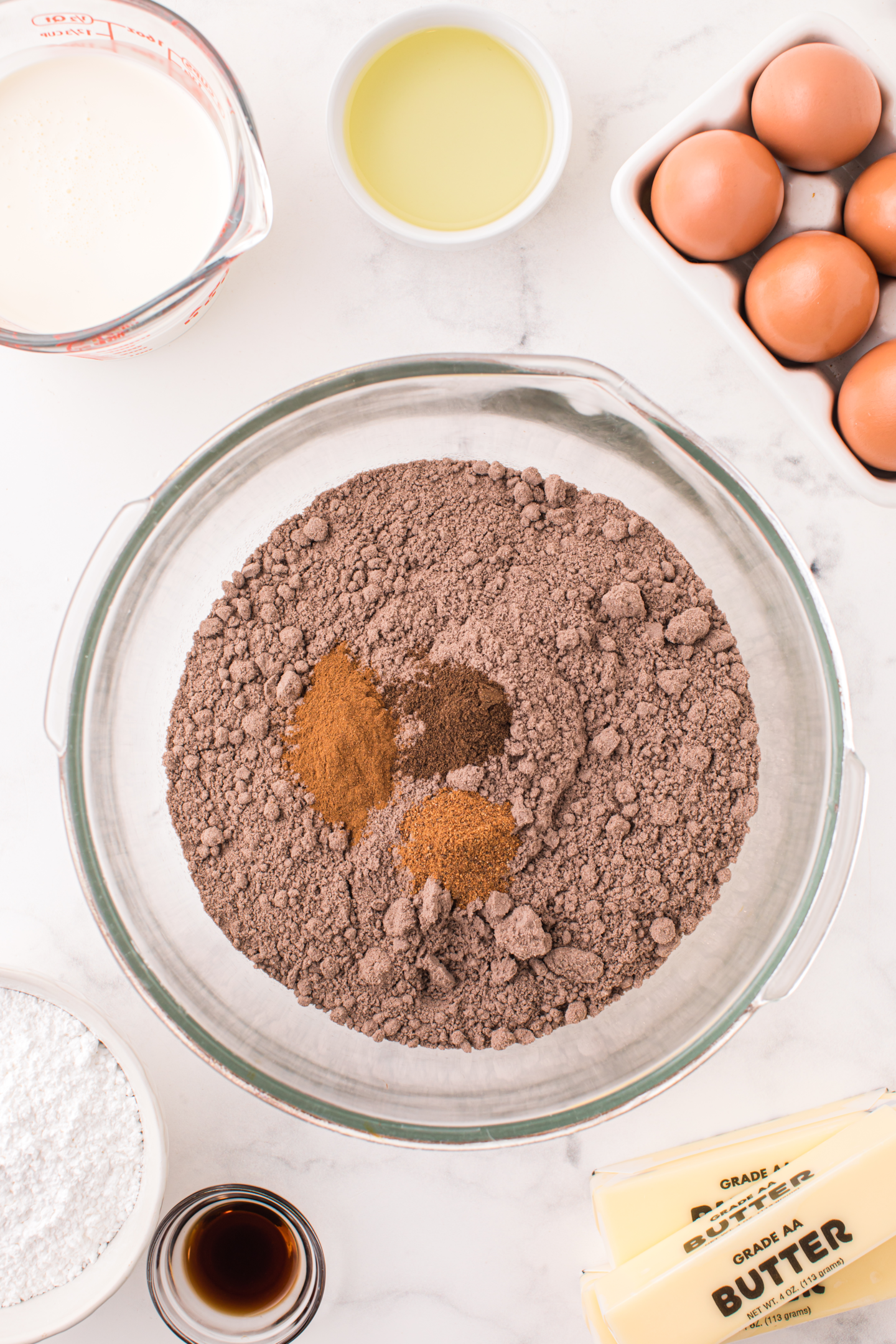 chocolate cake mix and spices in a bowl