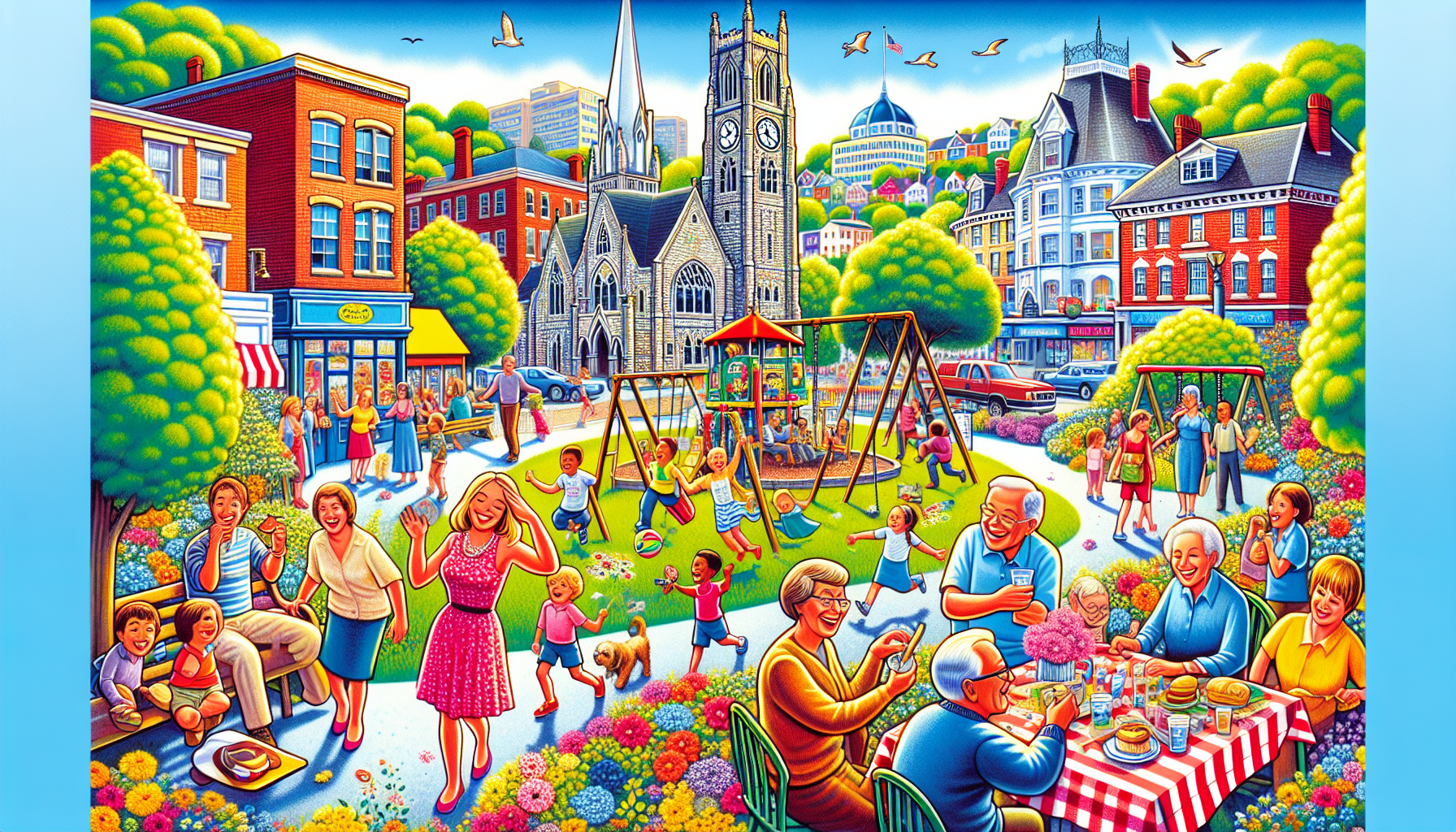 An illustration highlighting the local community of Bristol, showing landmarks and friendly residents.
