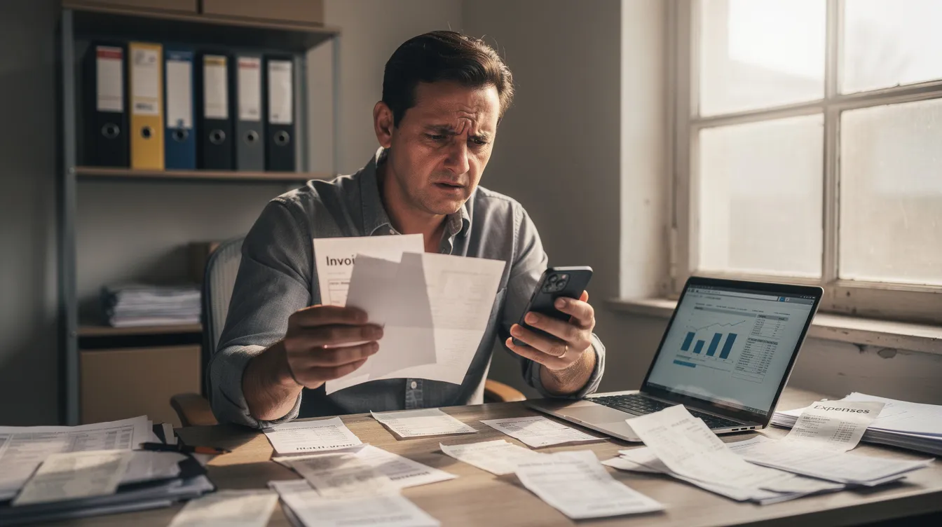 39d81624 ec4d 4b23 b872 859cffe03c8c A small business owner appears stressed while reviewing financial papers and a mobile phone, reflecting the challenges of managing cash flow and navigating the complexities of business loans under the Mudra scheme. The scene highlights the pressures faced by entrepreneurs in micro enterprises as they seek funding and meet eligibility criteria.