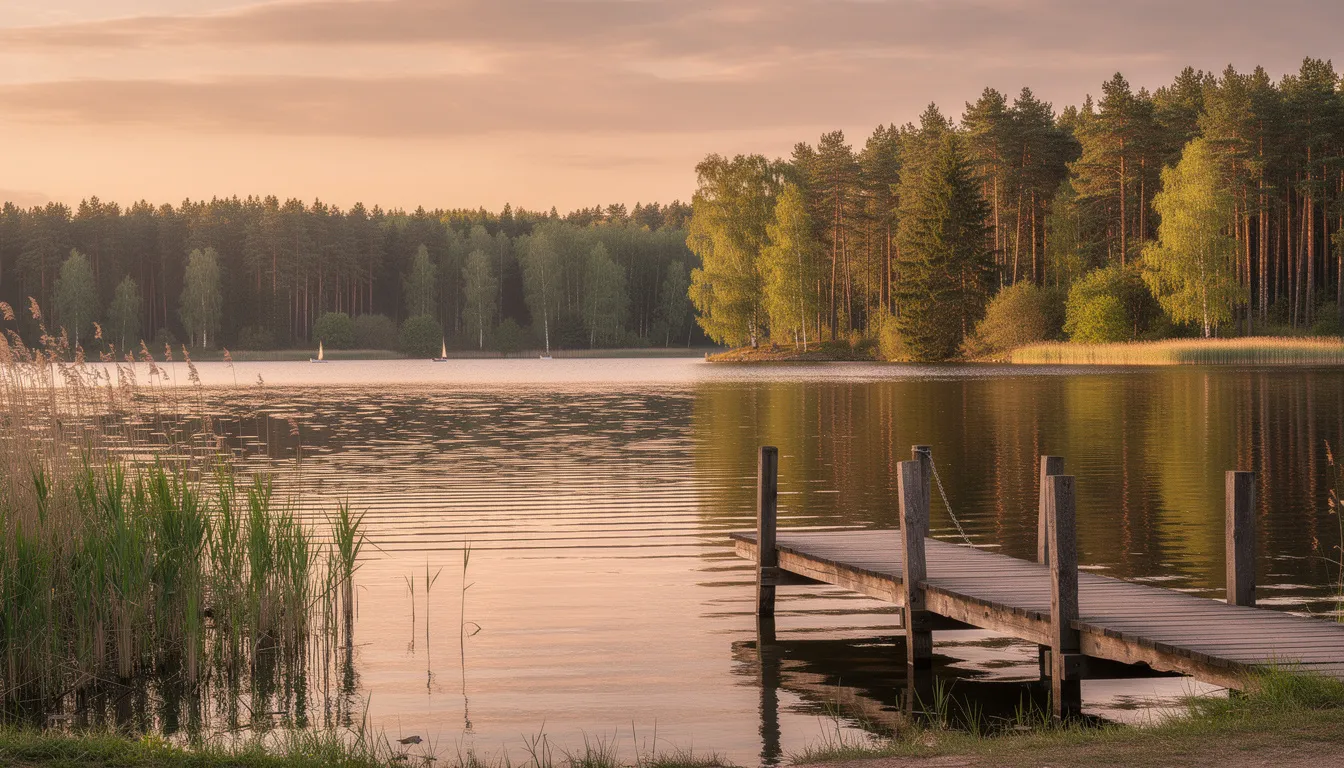 Na malowniczym jeziorze mazurskim znajduje się drewniany pomoost wędkarski, z którego wędkarze mogą łowić ryby, korzystając z różnych metod wędkarskich. W tle rozciągają się zielone lasy i spokojna tafla wody, co tworzy idylliczny krajobraz sprzyjający relaksowi i wędkarstwu.