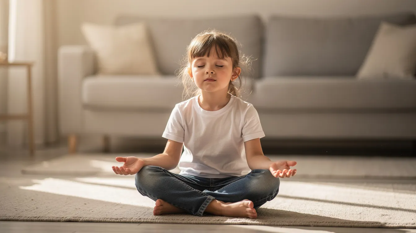A child sits cross-legged on the floor with closed eyes, practicing calm breathing as a coping strategy to manage emotions and reduce school anxiety. This moment of self-regulation helps build emotional resilience and supports their mental health in a nurturing environment.
