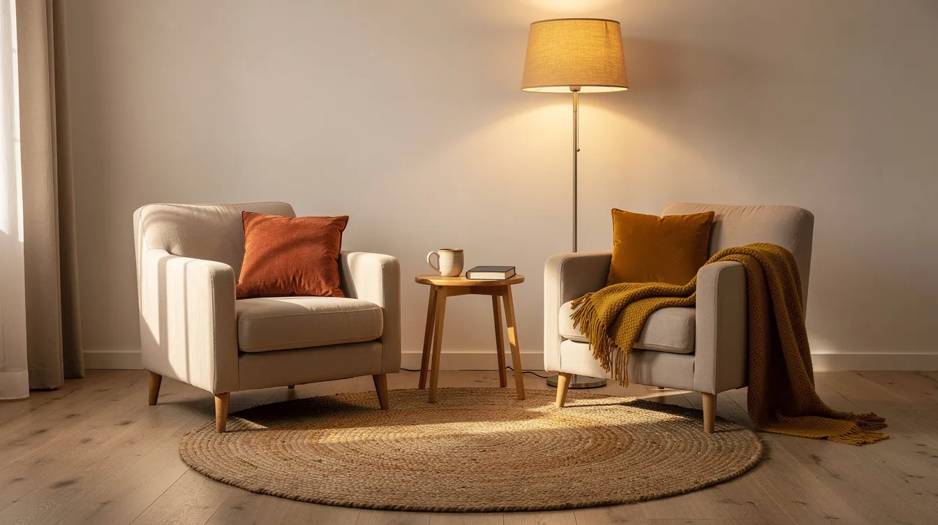 Een gezellige zithoek met twee losse stoelen en een rond vloerkleed in warme tinten, verlicht door een vloerlamp. Deze bankloze woonkamer biedt verschillende losse zitplekken voor een comfortabele en uitnodigende sfeer.