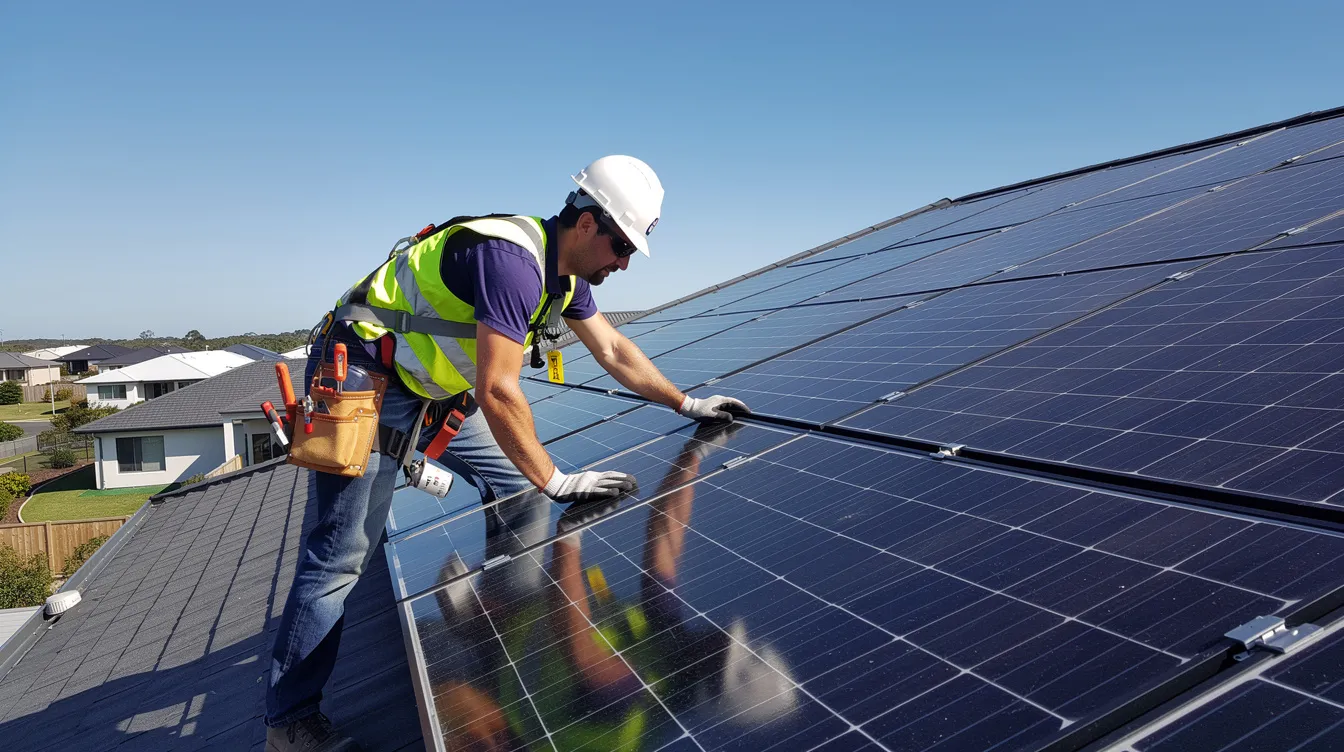 39d97e10 acb8 4e13 8bf9 468798789673 A technician is seen installing solar panels on a rooftop under a clear blue sky, showcasing a growing trend in the service industry towards renewable energy solutions. This image highlights the importance of professional services in the solar panel installation business, catering to a high demand for sustainable energy options.