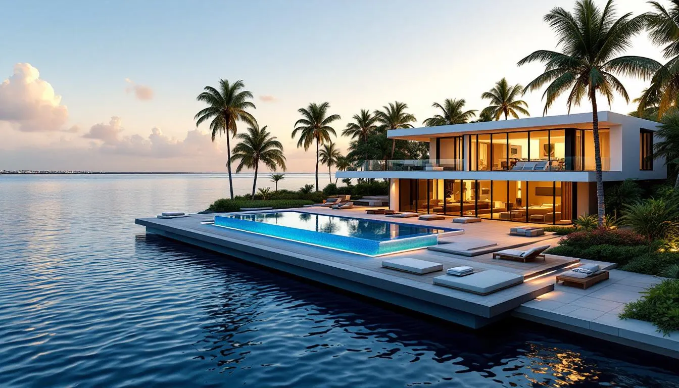 The image features a modern waterfront estate with a stunning infinity pool that overlooks the tranquil Naples Bay, showcasing the luxurious lifestyle of the prestigious Royal Harbor community. This exceptional property embodies refined waterfront living, perfectly positioned to offer unparalleled views and direct access to the serene coastal environment.