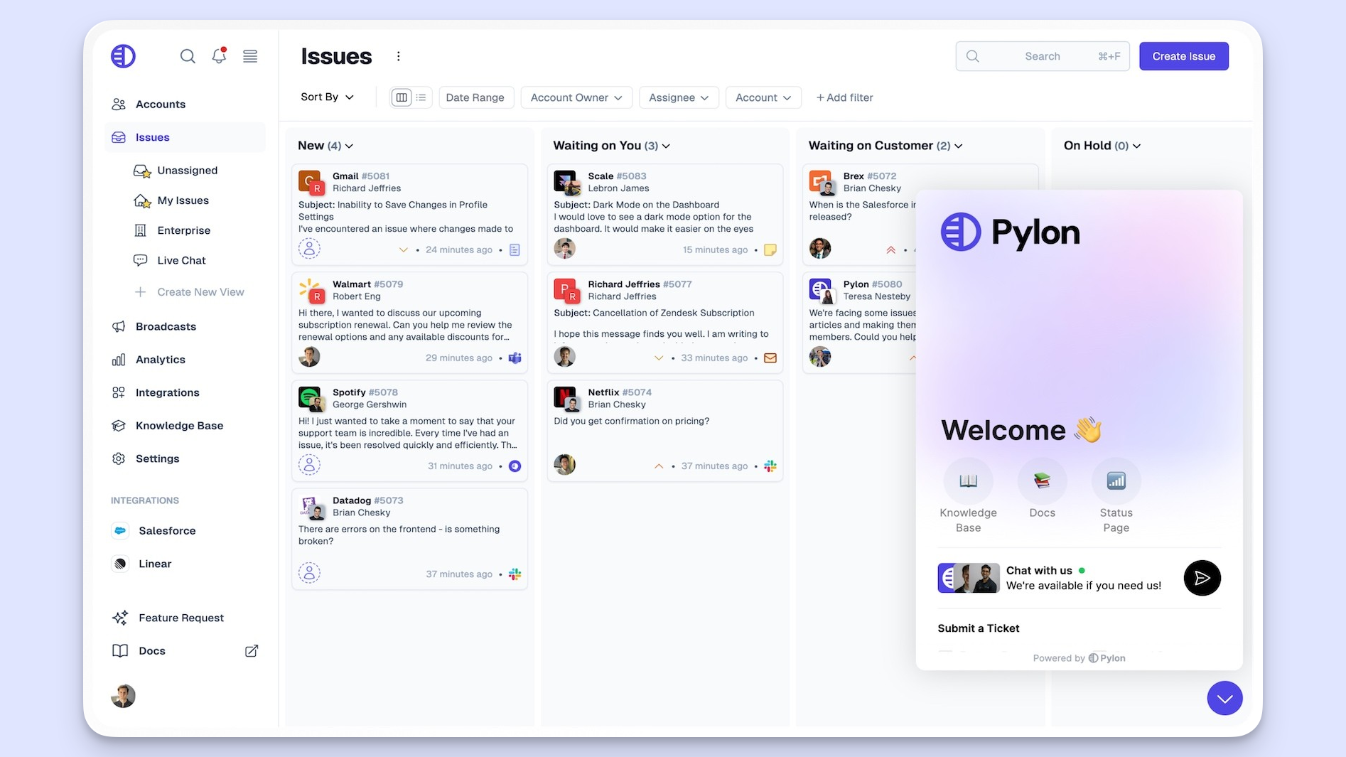 Pylon's support inbox and dashboard.