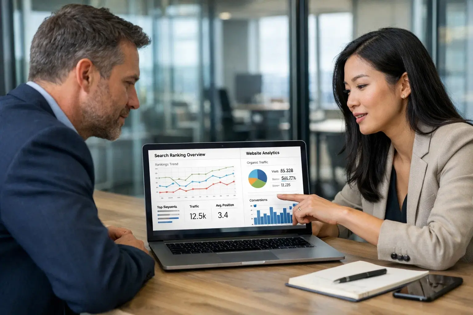 Business meeting discussing SEO strategy for insurance companies