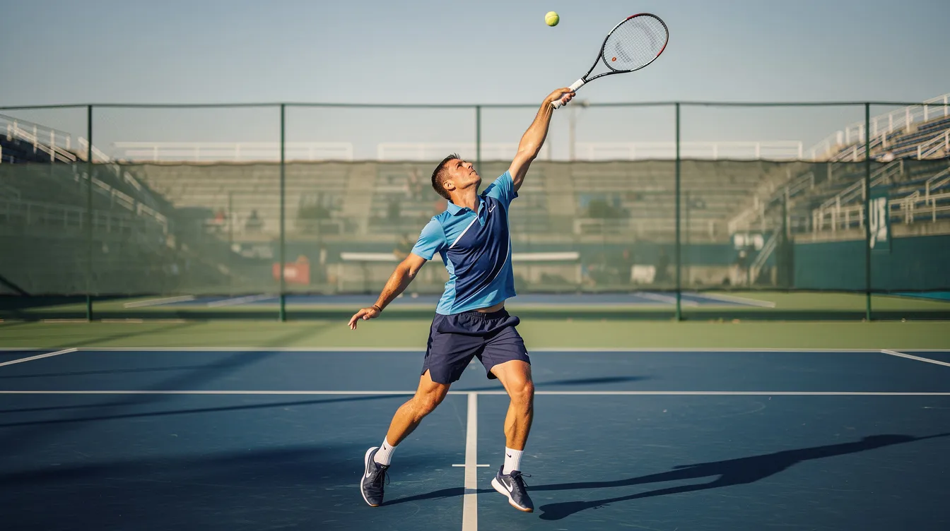 A tennis player is captured mid-serve on an outdoor court, with their arm fully extended overhead in a throwing motion. The focus is on their upper body and racquet head speed, highlighting the technique needed to achieve a faster serve with more power and pace.