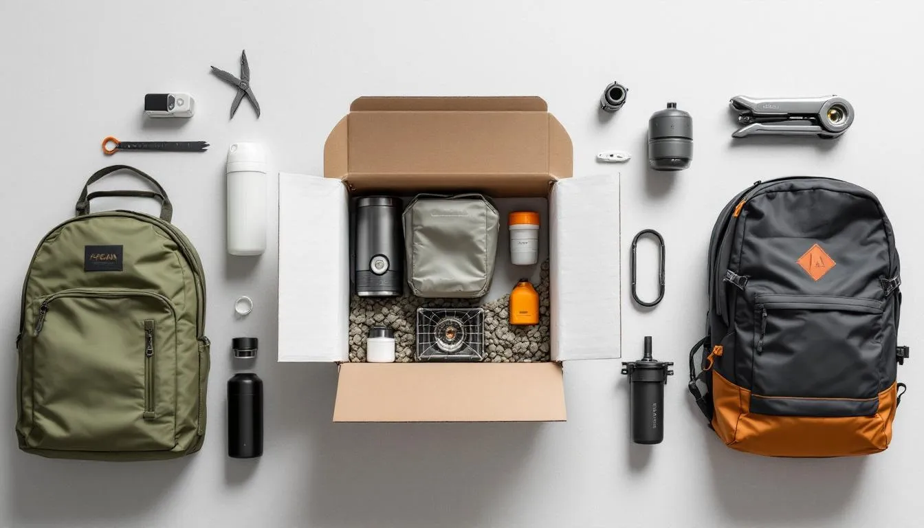 Key features of a camping gear subscription box displayed with various items.