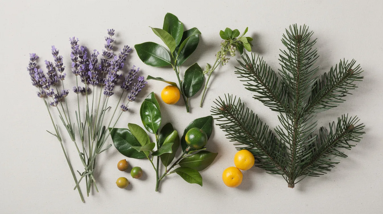The image features a vibrant assortment of plants, including fragrant lavender, bright citrus fruits, and fresh pine branches, showcasing the aromatic compounds found in nature. These plants are known for their therapeutic and medicinal uses, with properties that may provide stress relief and anxiety relief, similar to the effects of certain cannabis strains.
