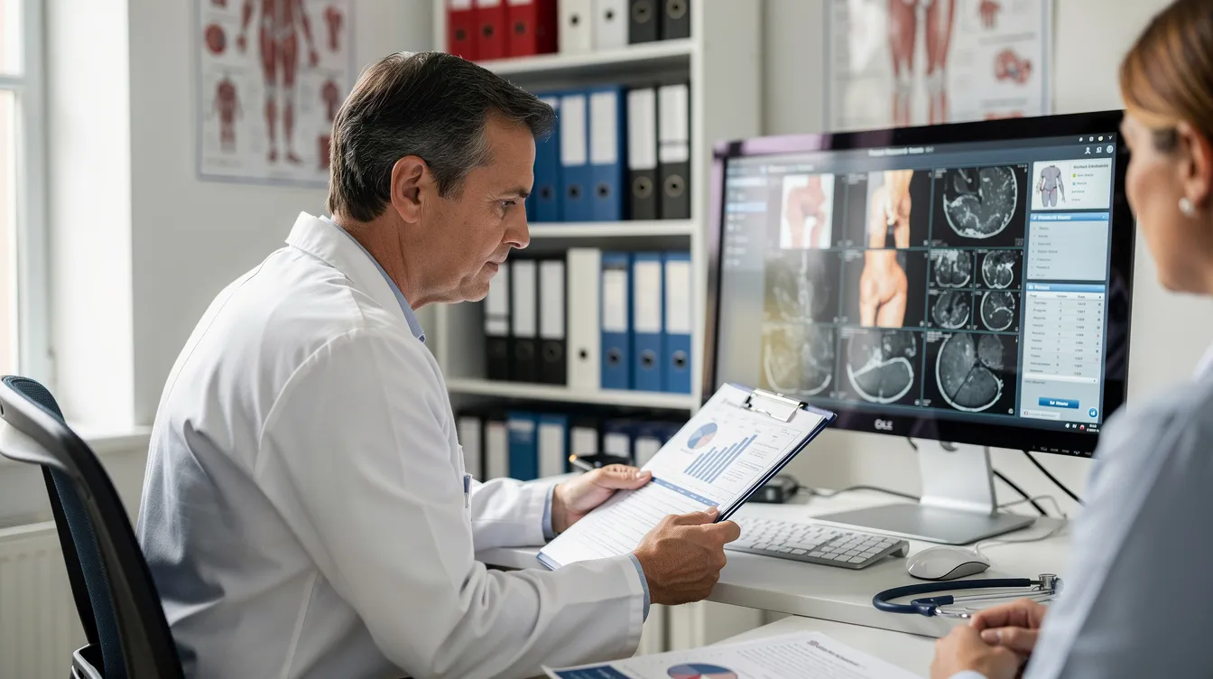 A doctor is seen reviewing patient records and photos during a consultation, discussing options for body contouring procedures after significant weight loss. The focus is on addressing issues such as loose skin and sagging skin, which may require surgeries like a lower body lift or tummy tuck.