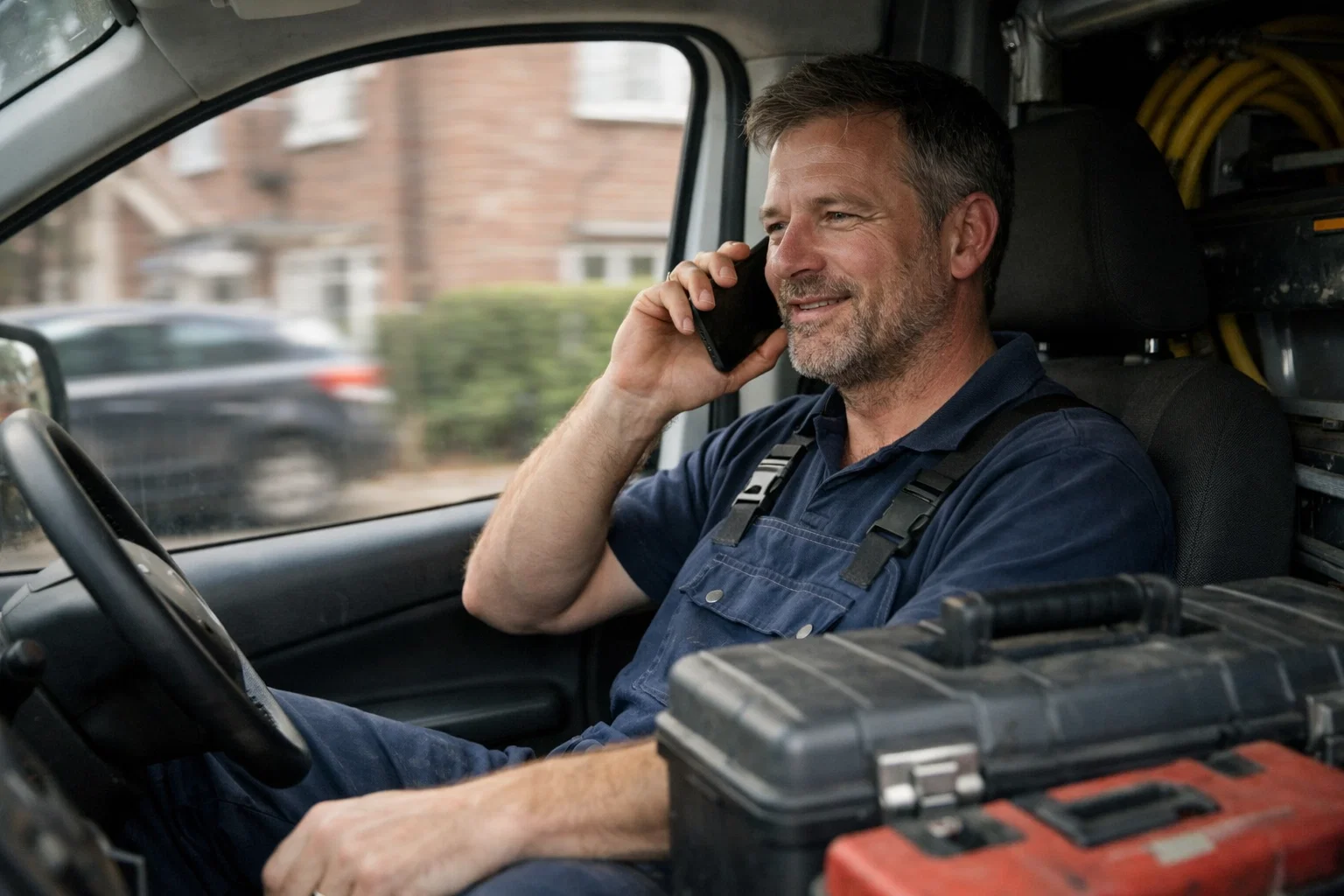 Plumber receiving customer call inside van during workday