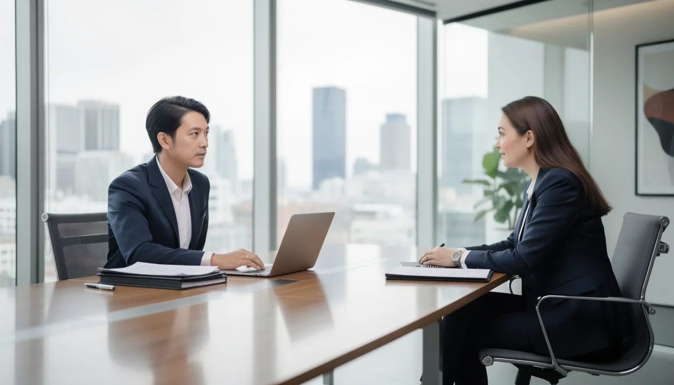 The image depicts a professional meeting between an attorney and a client in a modern law office, highlighting the attorney-client relationship as they discuss legal matters. The setting emphasizes a supportive environment where the attorney provides personalized attention and legal assistance, addressing the client's concerns regarding family law or immigration matters.