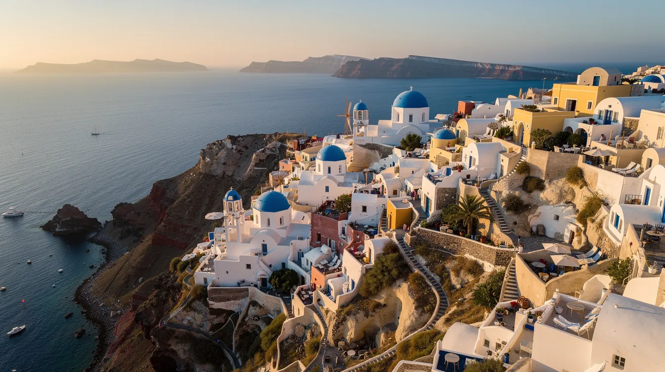 Vista aérea deslumbrante de Santorini, onde se destacam casas brancas com cúpulas azuis, cercadas pelo mar Egeu em um cenário de beleza única, ideal para turistas em busca de destinos paradisíacos. As paisagens dessa ilha grega são um convite para uma viagem inesquecível.