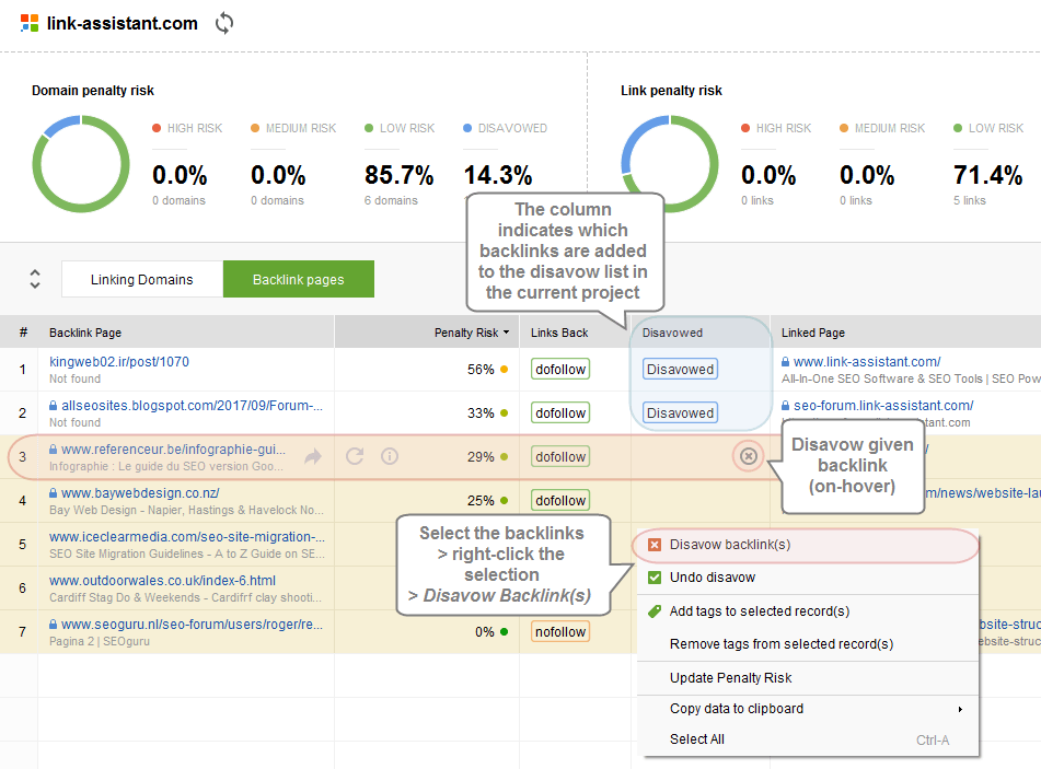 Snip of Disavow Backlinks on SEO Tool