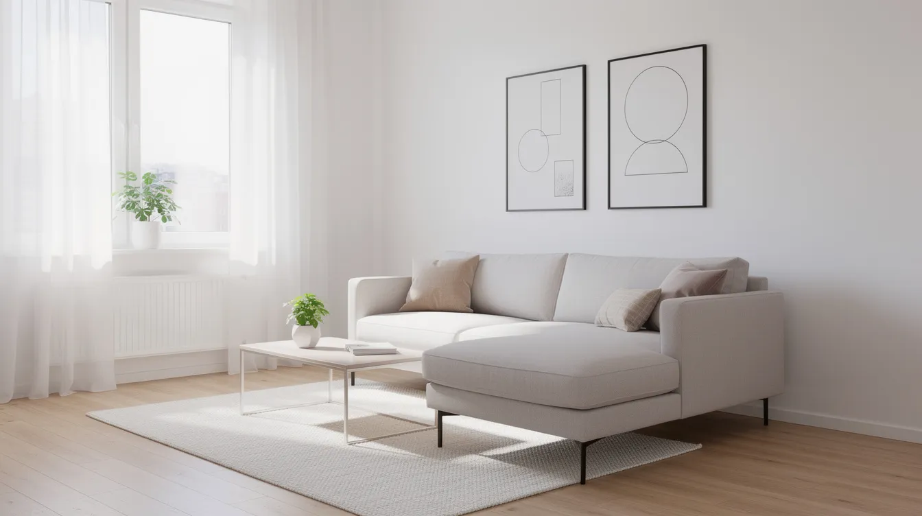 En kompakt divansoffa med schäslong står i en liten, ljus lägenhet med minimalistisk inredning. Soffan, som är beige, erbjuder gott om plats för avkoppling efter en lång dag och passar perfekt in i rummet med sin stilrena design.