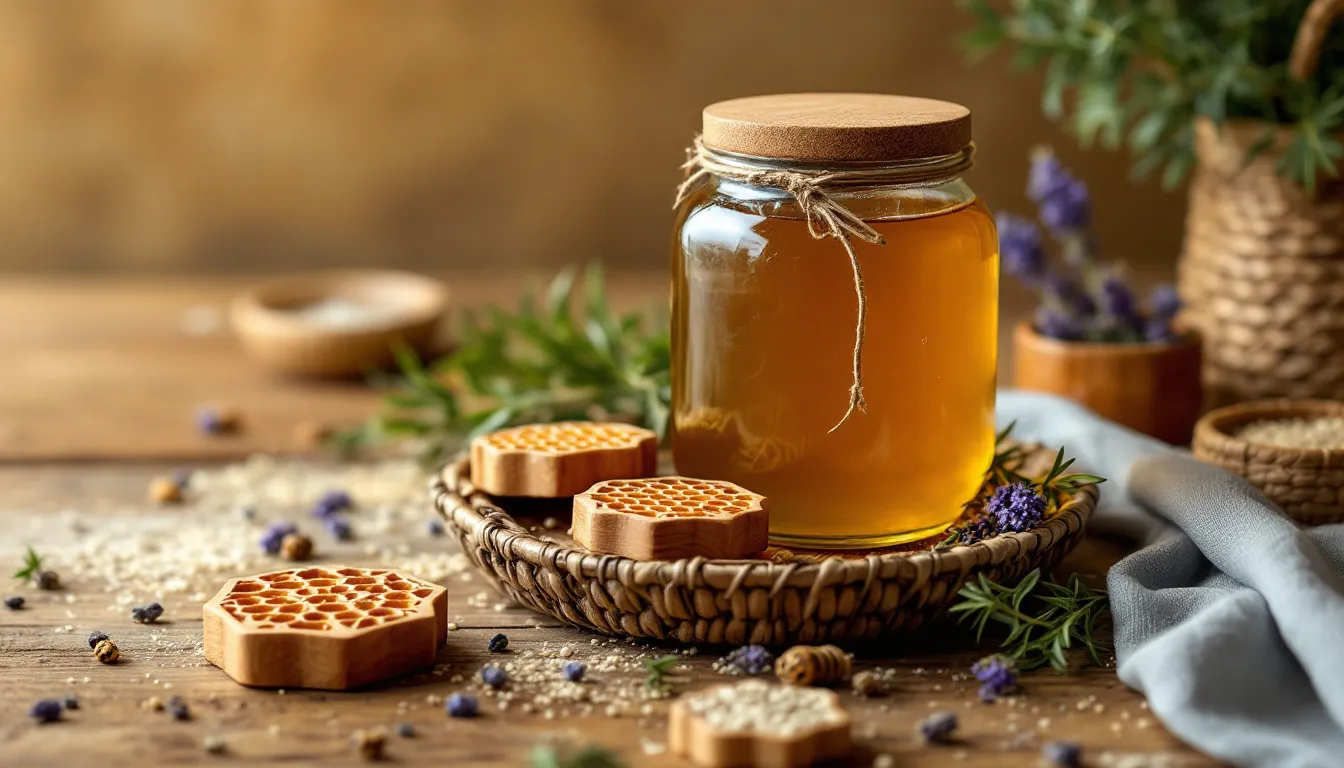 A jar of organic raw buckwheat honey surrounded by honeycombs.