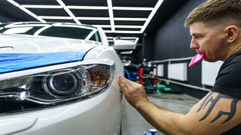 A person replacing a damaged car headlight.